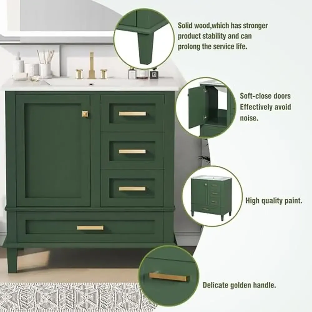 Bathroom Vanity Set 30" with Sink Cabinet Drawers Doors Modern Green Wood Single Vanity Floor Storage Organize Residence Quiet 5