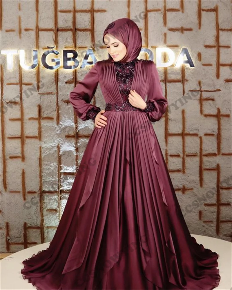 

Burgundy Muslim Hijab Evening Dresses Long Sleeve Islamic Formal Party Gown Chiffon Appliques Pleats Women Arabic Robe De Soiree