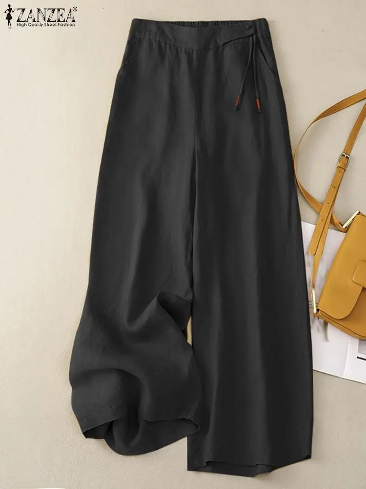 ZAZEA-للنساء خصر مرن طويل صلب ، بنطال عريض الساق ، قصر فضفاض غير رسمي ، بنطال عمل كبير الحجم ، صيف ، بنطال 4 ZAZEA-للنساء خصر مرن طويل صلب ، بنطال عريض الساق ، قصر فضفاض غير رسمي ، بنطال عمل كبير الحجم ، صيف ، بنطال 4