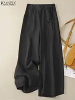 ZAZEA-للنساء خصر مرن طويل صلب ، بنطال عريض الساق ، قصر فضفاض غير رسمي ، بنطال عمل كبير الحجم ، صيف ، بنطال 1