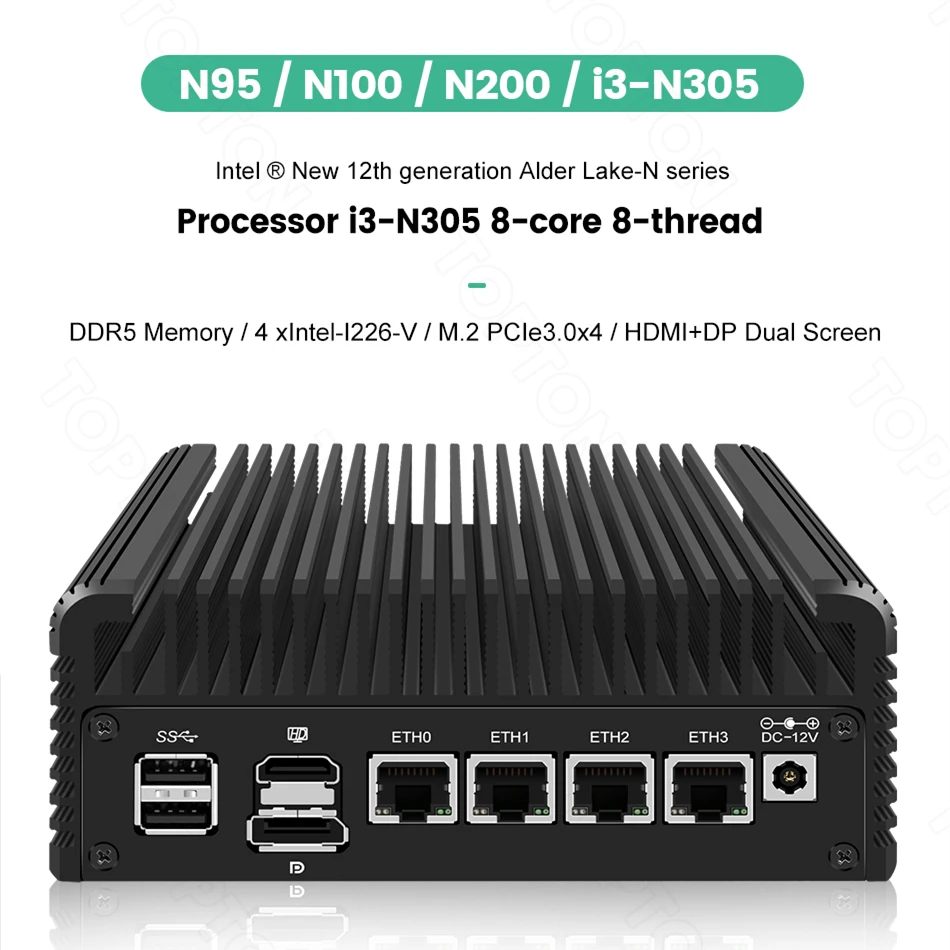 

Fanless Firewall Soft Router 12th Gen Intel i3 N305 N200 N100 DDR5 4800MHz 4xi226-V 2.5G LAN Mini PC Proxmox ESXi Host Server