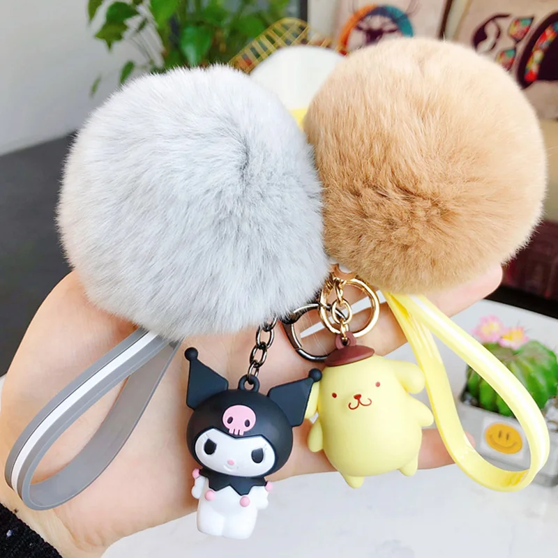 Key Chain Hello Kitty Sanrio Kuromi Penguin Frog Dog Cat Fluffy Rabbit Fur Ball Women Girl Bag Pendant Gifts