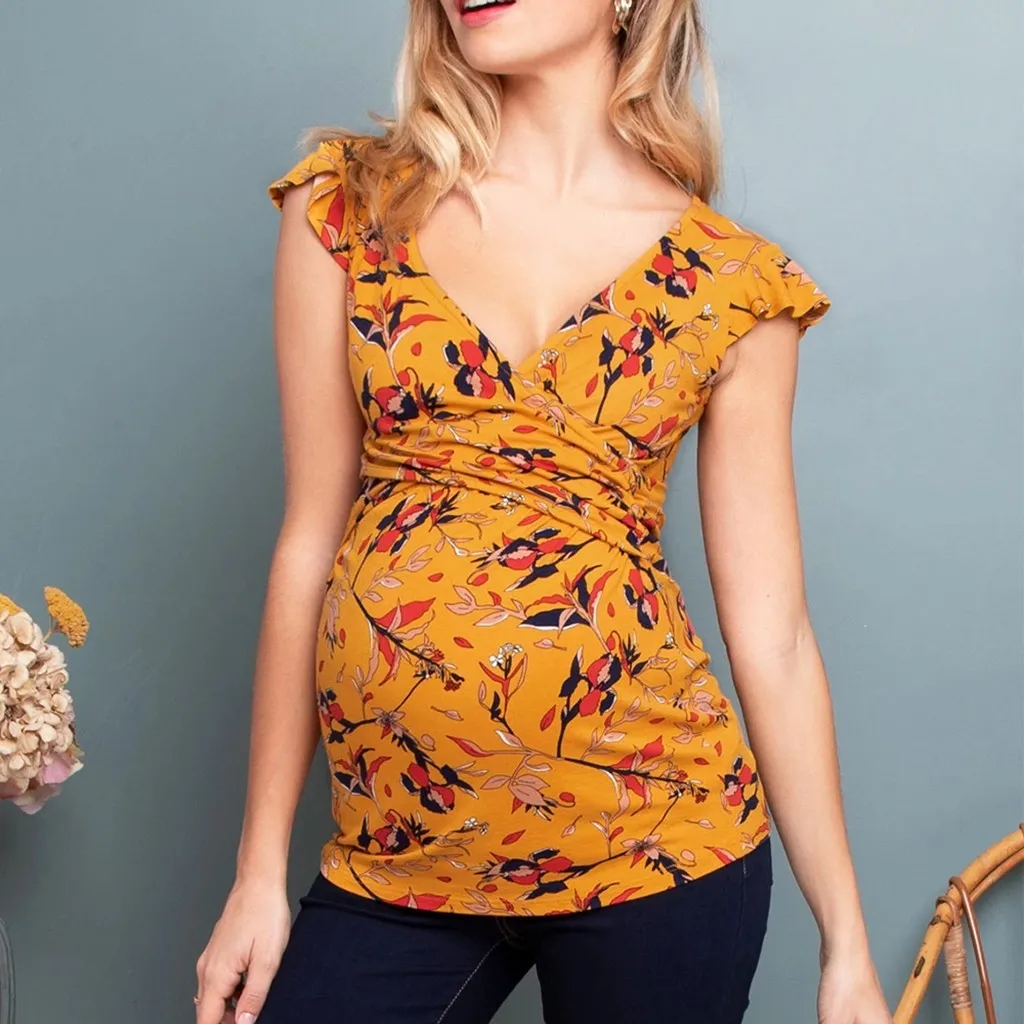 Maternity Tops New Blouse Pregnancy Shirts Maternity Clothes Women Pregnant Nusring Maternity V-neck Short Sleeve Printed Stripe Blouse Tops
