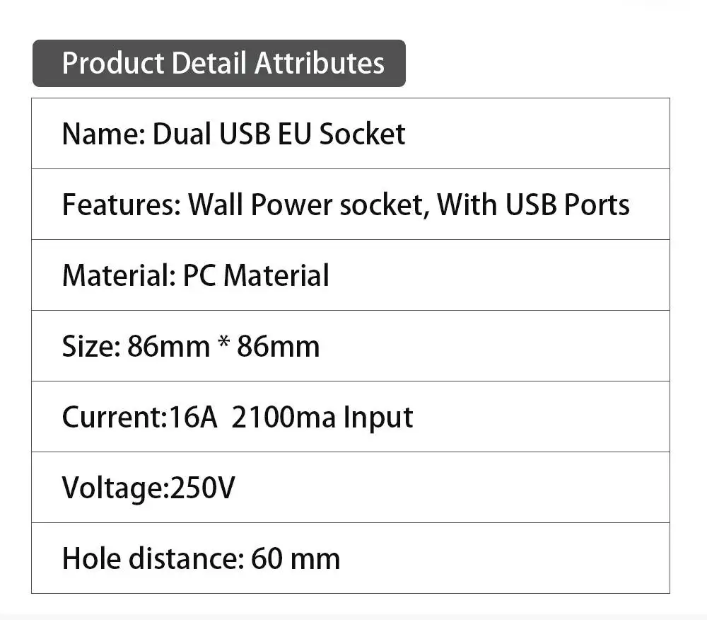 Dual USB Wall Charger Outlet - 16A EU Standard, 110V-250V