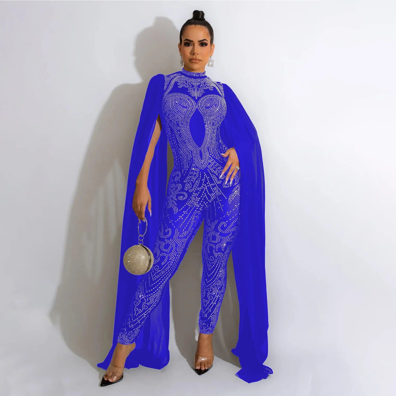 Sparkle Black Rhinestones Mesh 2023 New Shift Long Sleeve Jumpsuits Women Rompers Glitter Skinny Crystal Jumpsuits Clubwear