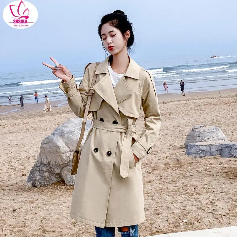 

SUSOLA Women Trench Lady New Spring Casual Trench Coat with Sashes Oversize Double Breasted Vintage Cloak Overcoats Windbreaker