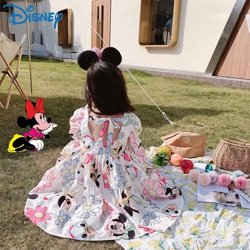 Disney Mickey Mouse Dress Kids Toddler Mickey Minnie Daisy Cartoon Sleeve Clothes Backless Kawaii Donald Duck Princess Dresses