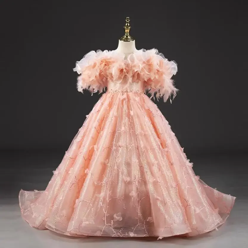 

Children's Evening Gown Ruffles Appliques Design Kids Catwalk Hosting Wedding Birthday Party Clothing Girls' Trail Dress A3249
