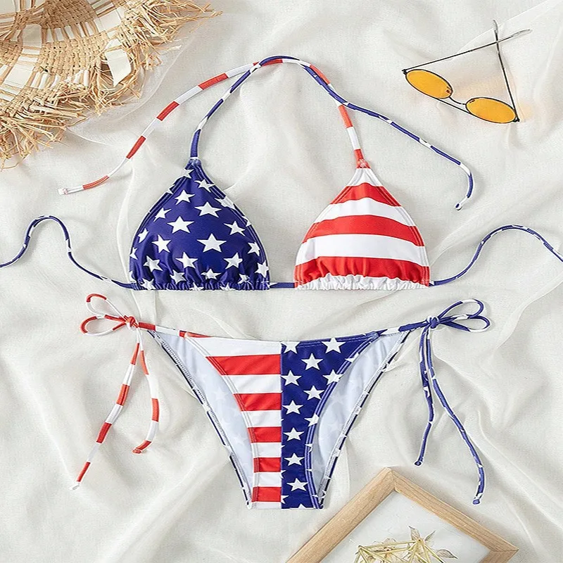 2 Pcs/Set Bikini Set Sexy Bikinis 2024 Lace-up Bikini Swimsuit Women's High Sense American Flag Print Beach Bikini Spa Swimsuit