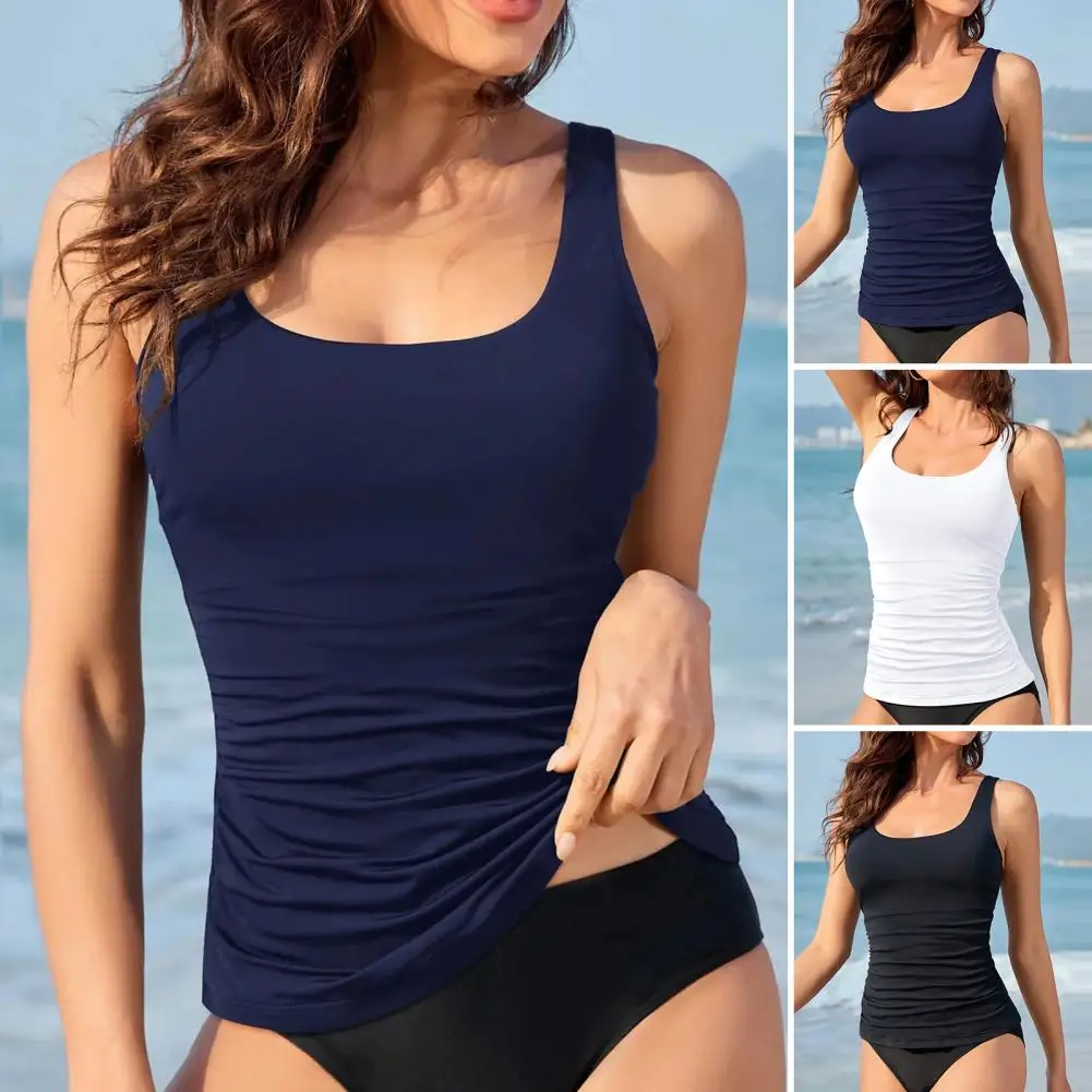 Woman Swimsuits Top Solid Color Quick-drying Swim Top With Pad Removable Cup Stretchy Adjustable Strap Tankini Women's Clothing