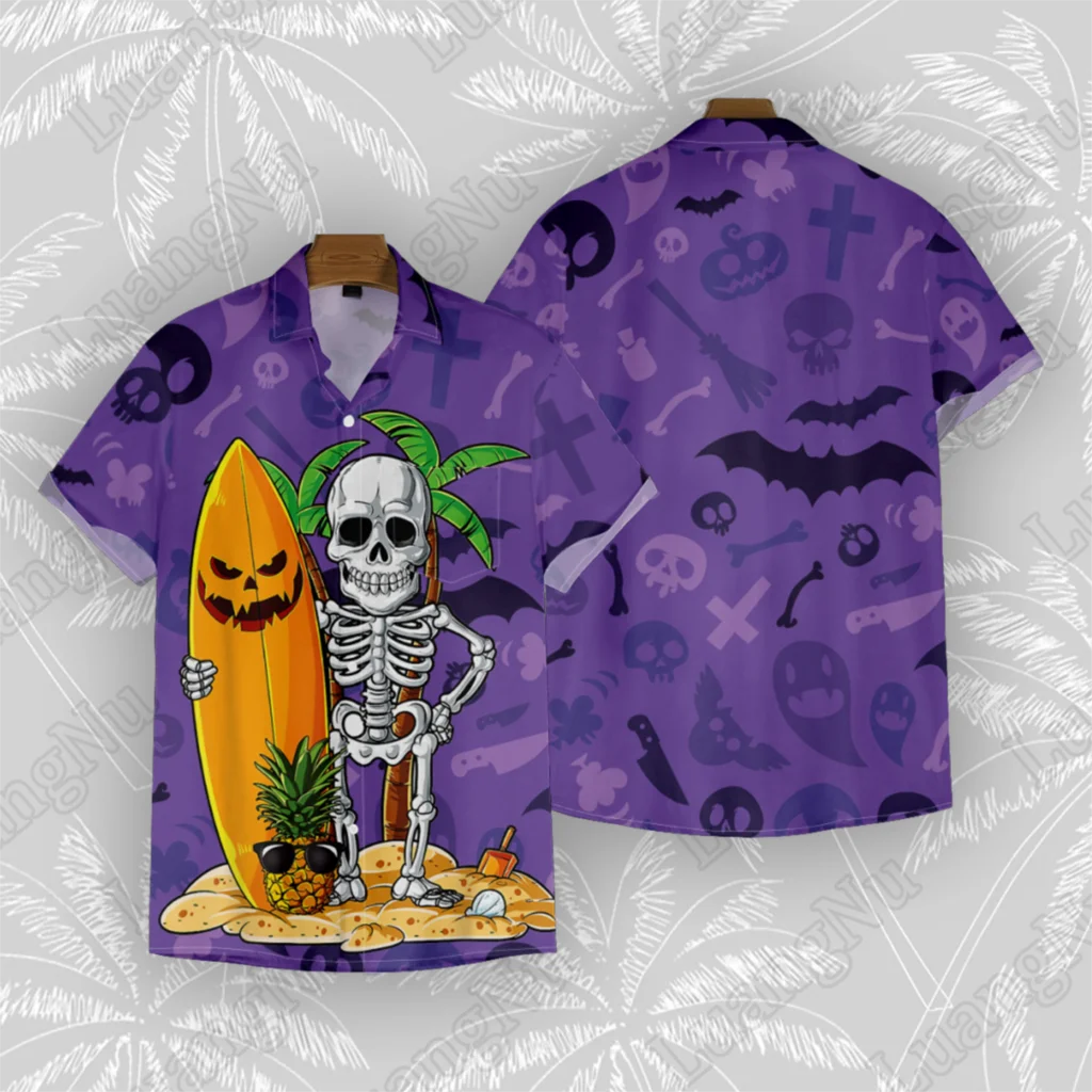 

Halloween Shirt Man Skull Print Beach Casual High Quality Button Up Tops Ghost Festival Holiday Oversized Shirts for Men