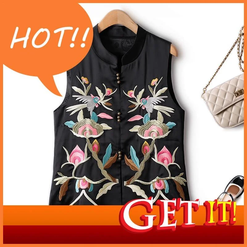 

Jacket Women 2023 New Winter Heavy Industry Embroidered Black Vest Mandarin Collar Slim Pan Buckle Women's Sleeveless Jackets