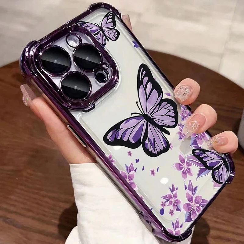Purple Butterfly Electroplated Transparent Airbag Phone Case - Soft Cover