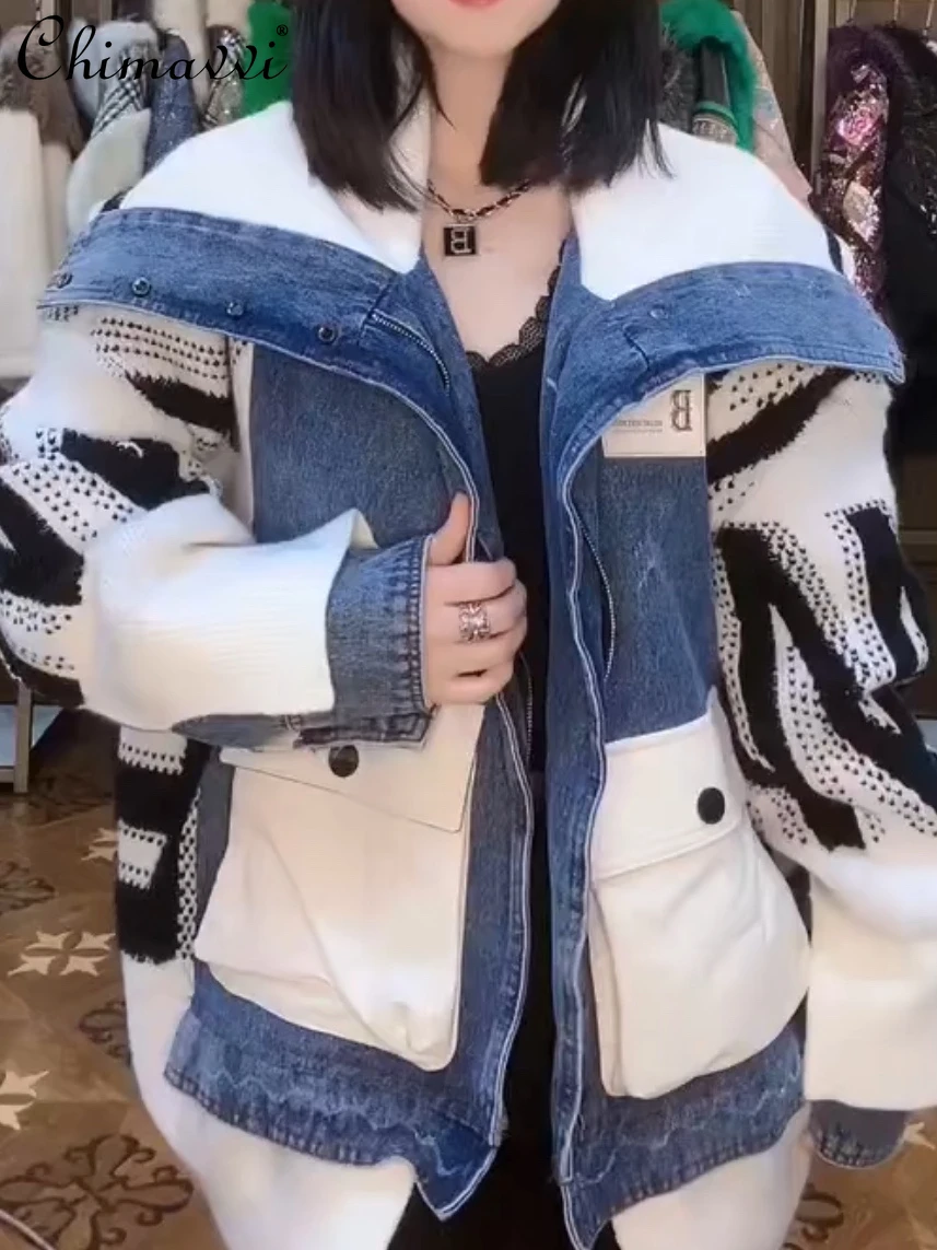 

Denim Stitching Mid-Length Letter Women's Coat Autumn Winter New Fashion Large Collar Loose Warm Casual Street Clothing Jackets