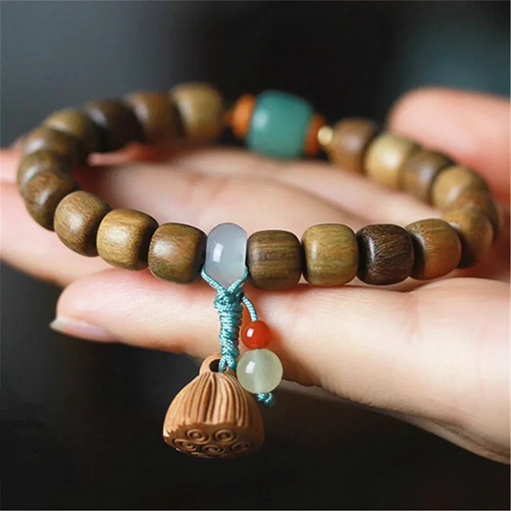 

*Natural Green Sandalwood Prayer Lotus Pendant Malas Wooden Beaded Bracelets For Men Women Rosary Tibetan Buddhist Yoga Jewelry