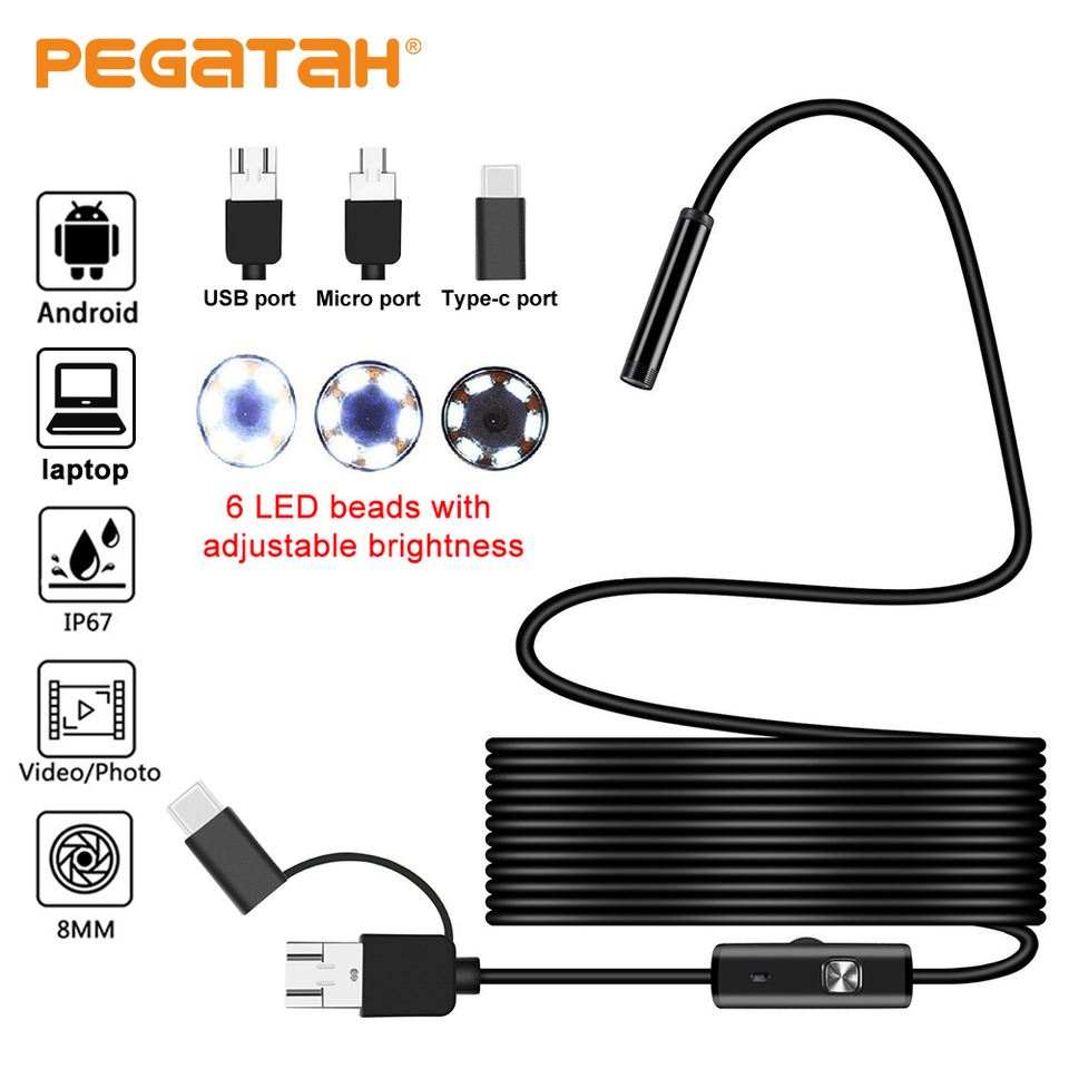 Type C Borescope Mini Cam Waterproof LED Car Inspection USB Cameras for Phone & Android 7mm Endoscope Camera 3 in 1 Micro USB