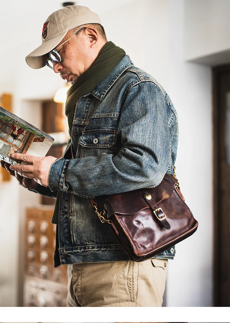 Modische Vintage-Umhängetasche aus pflanzlich gegerbtem Rindsleder für Herren, Designer-Luxus-Schultertasche aus echtem Leder für Outdoor-Partys – Detail 10