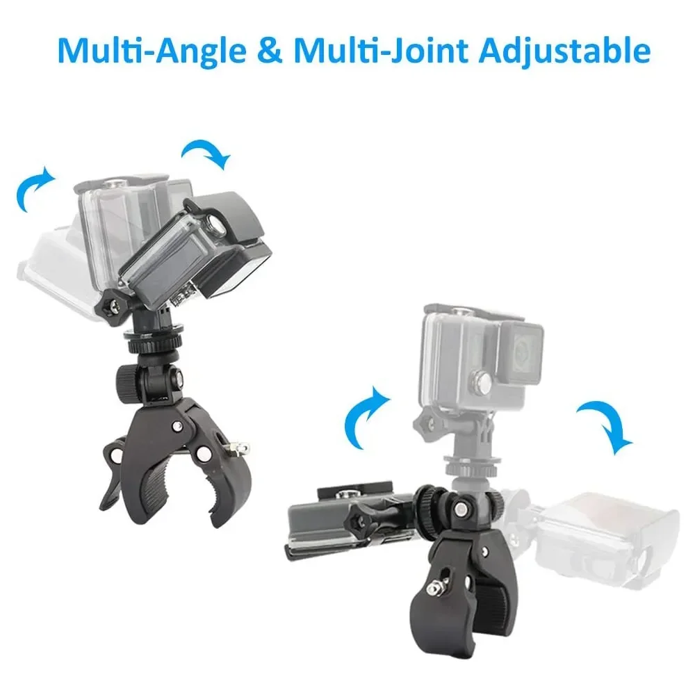Support de montage sur guidon pour caméra d'action, compatible Insta360, montrant les angles de rotation.