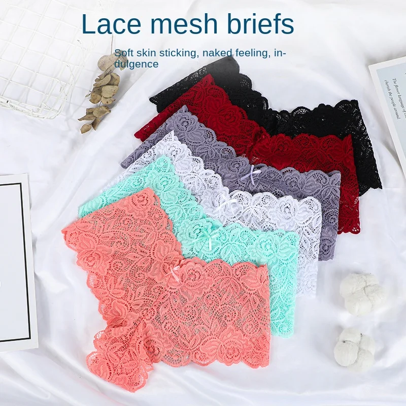 

1 PC Sexy Women Floral Lace Panties Perspective Underwear V Waist Solid Color Underpants Female Breathable Intimates Lingerie