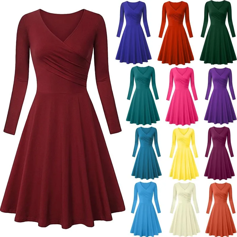 

Women Long Sleeve Dress V-Neck Solid Color Big Hem Slim Wrinkle One Piece Suit Autumn Spring Female Party Clothes Casual Wear