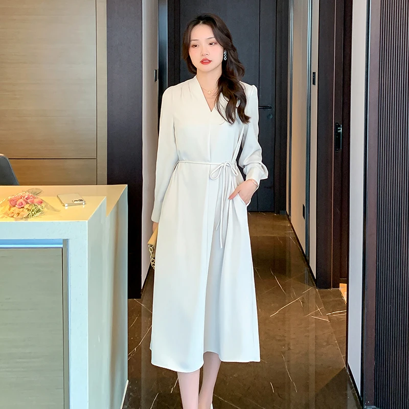 

French V-neck Bandage Women Dress2023 New Fashion Elegant Temperament Slim Fit Comfortable Solid Color Long Sleeve Dresses