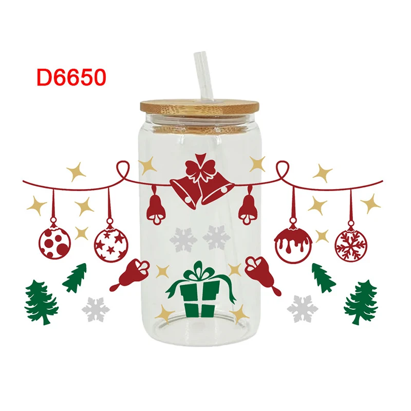Christmas Design UV DTF Cup Wraps Transfer Sticker For Glass Libbey Can Bottle Self-adhesive Washable DIY D6620 Glass Can Wrap