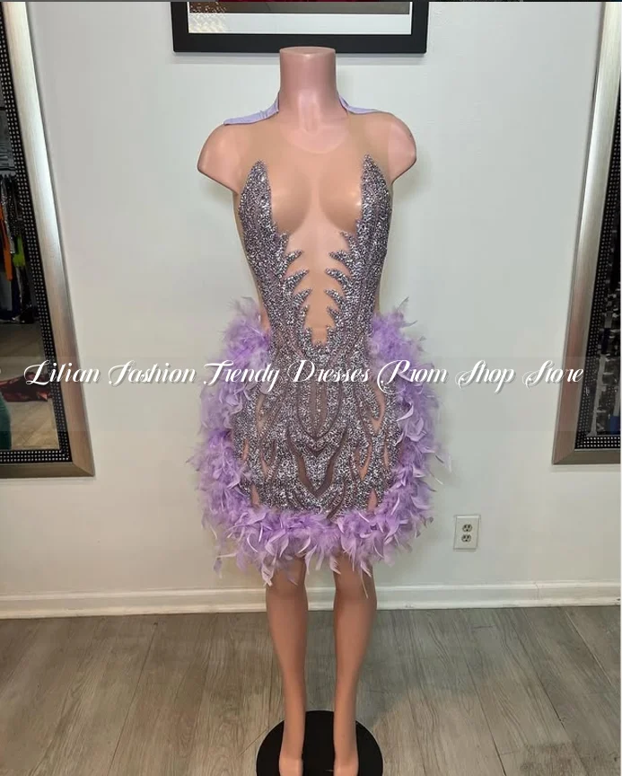 Sparkling Lilac Purple Mini Cocktail Dresses Sexy Crystal Rhinestone Feather Appliques Customised Formal Occasion Evening Gowns