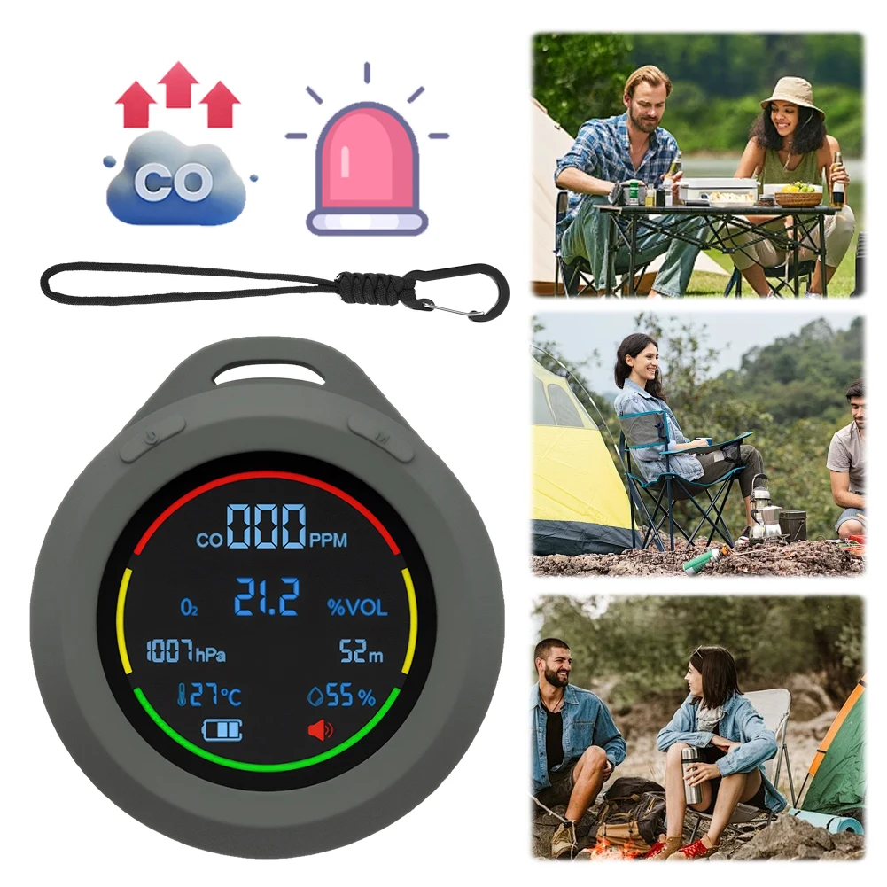 6 In 1 CO CO2 Temperature Humidity Air Pressure Altitude Monitor HD LCD Display 120HR Standby 1500mAh for Outdoor Camping RV Car