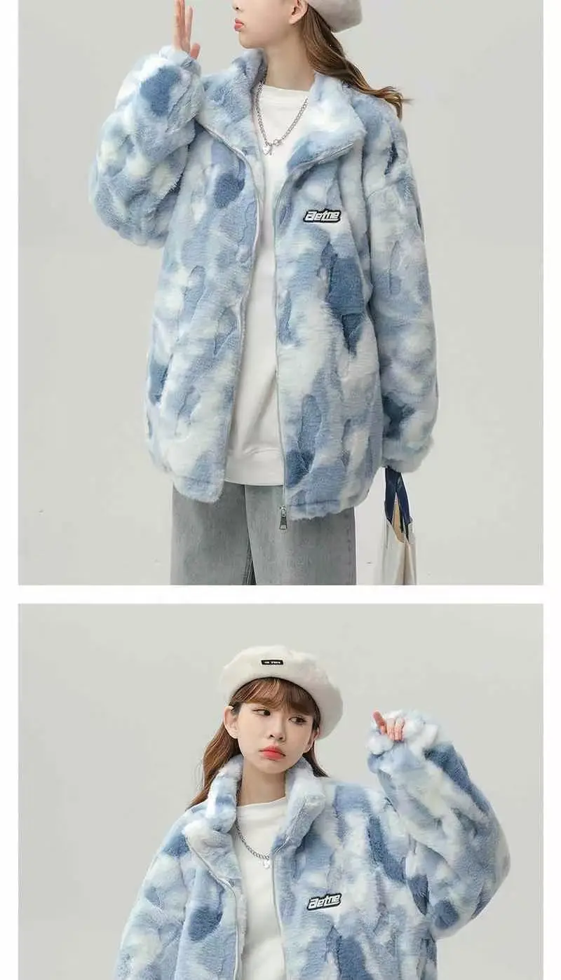 Tie dye Lamb wool Coat 2025 New Winter Trendy Student Cotton Jacket Thicken Loose Stand collar Coats Female Warm Parka Overcoat