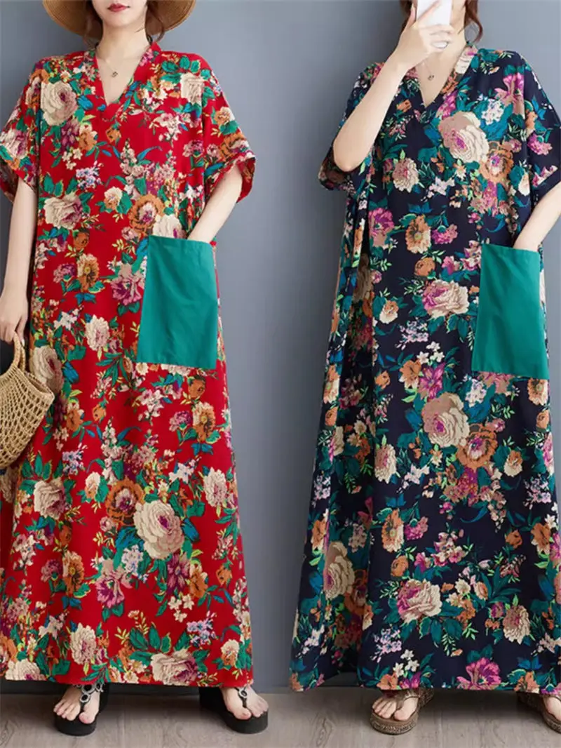 

Женское длинное платье в стиле ретро, этническое контрастное платье с V-образным вырезом, коротким рукавом и карманами, модное летнее платье в стиле пэчворк K1616