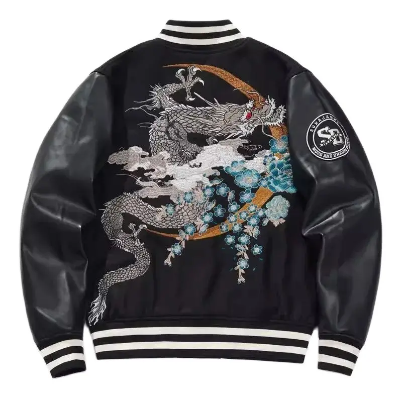 Veste Bombardier Sukajan Homme – Broderie Dragon – Velours Noir – Tailles M à 3XL