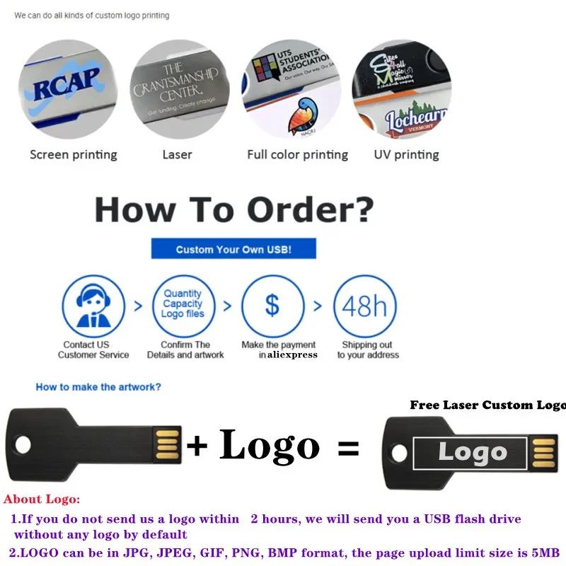 Creative Key Shape Custom Free Logo Photography Metal USB Flash Drive Pen128MB 4GB 8GB 16GB 32GB 64GB Pendrive USB 2.0 10Pcs Lot