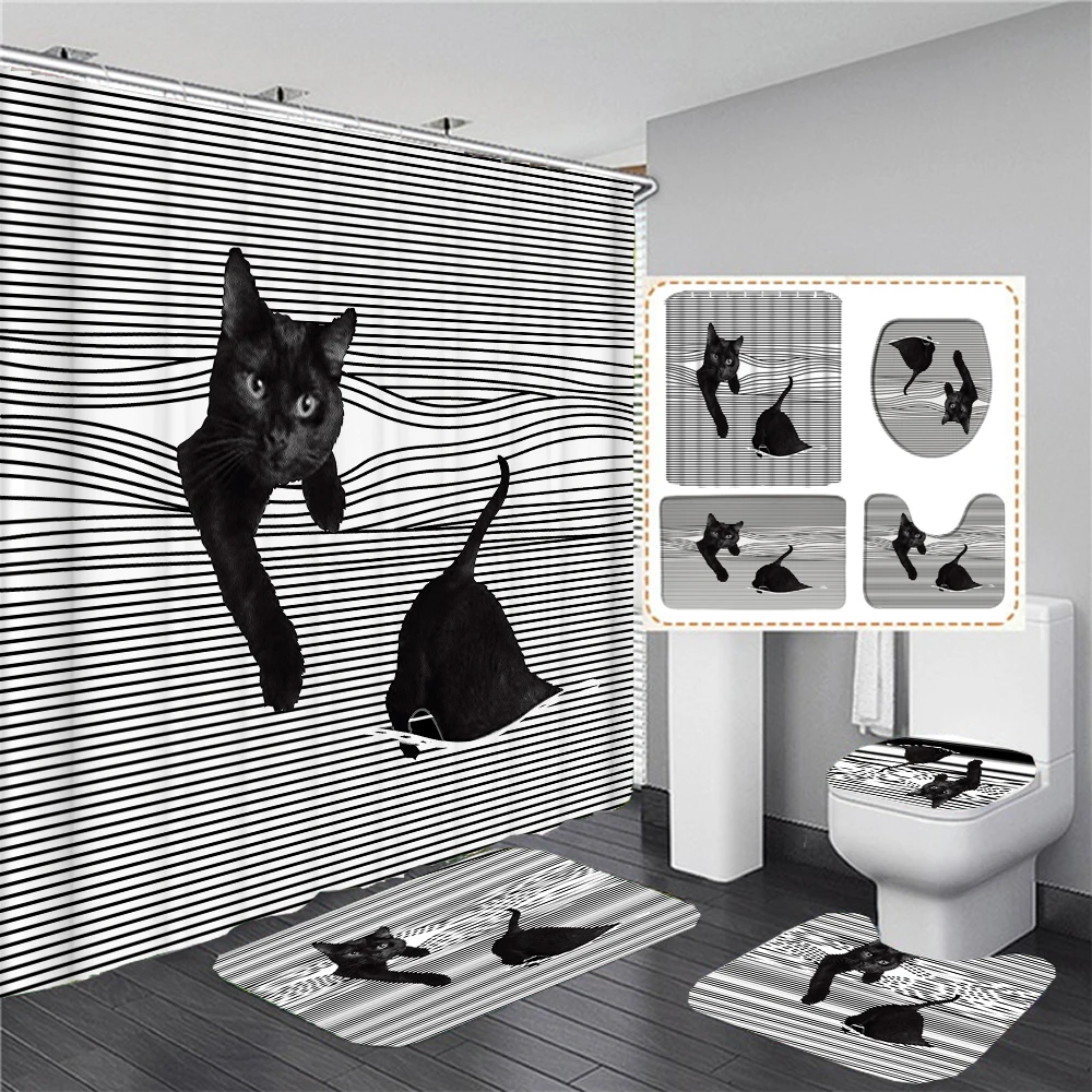 

Cartoon Cute Shower Curtain Funny Cat Print Children's Bathroom Curtain Set Waterproof Bath Screen Mat Rugs Toilet Accessoires