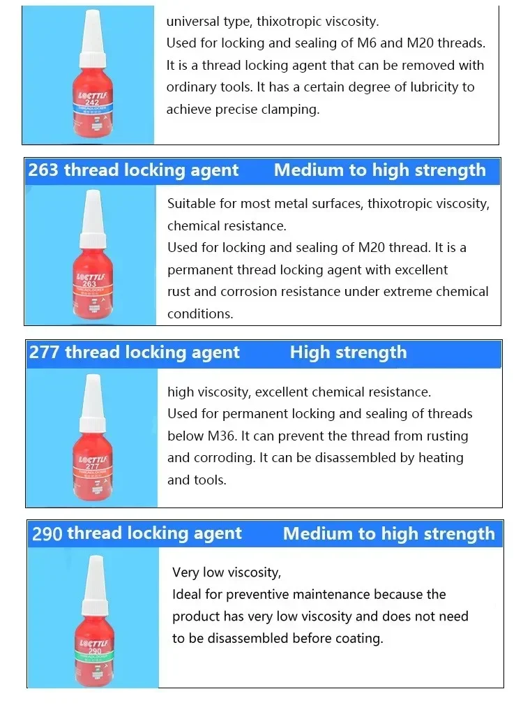 Threadlocker Glue 10ml Threadlocker 222/242/243/262/263/271/277/290 Anaerobic Adhesive For Watch Screw Motorcycle Brake Engine Meter Thread