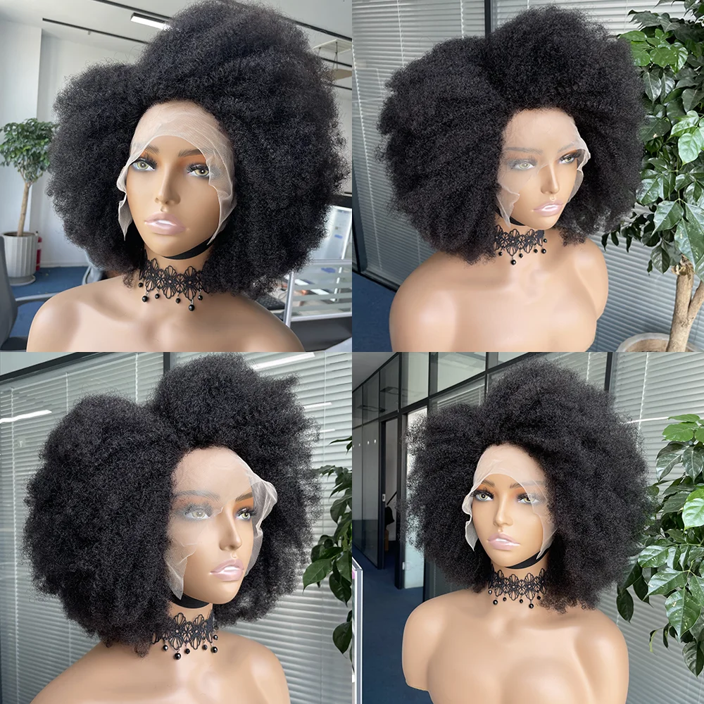 Afro Kinky Curly Lace Front Wig Natural Color Afro Bob Human Hair Natural Hairline 13X4X2 Glueless Short Human Hair Wigs