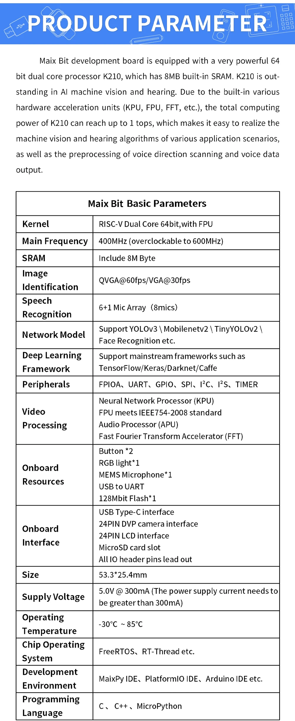 Sipeed Maix Bit AI + loT Development Board Kendryte K210 64bit RISC-V Dual Core