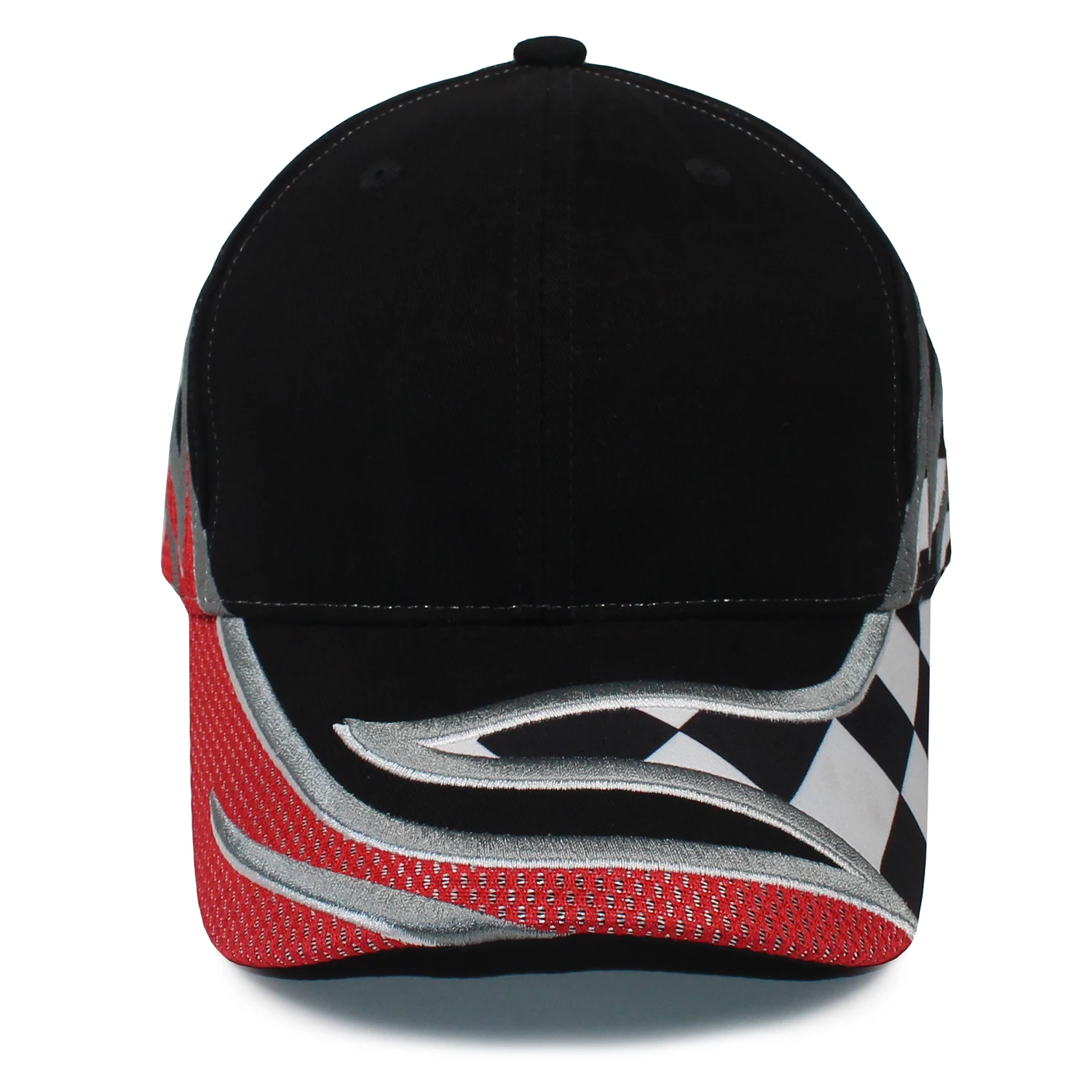 Fashion 6 Panel Racing Hat Checked Embroidery Cotton Twill Sport Baseball Cap