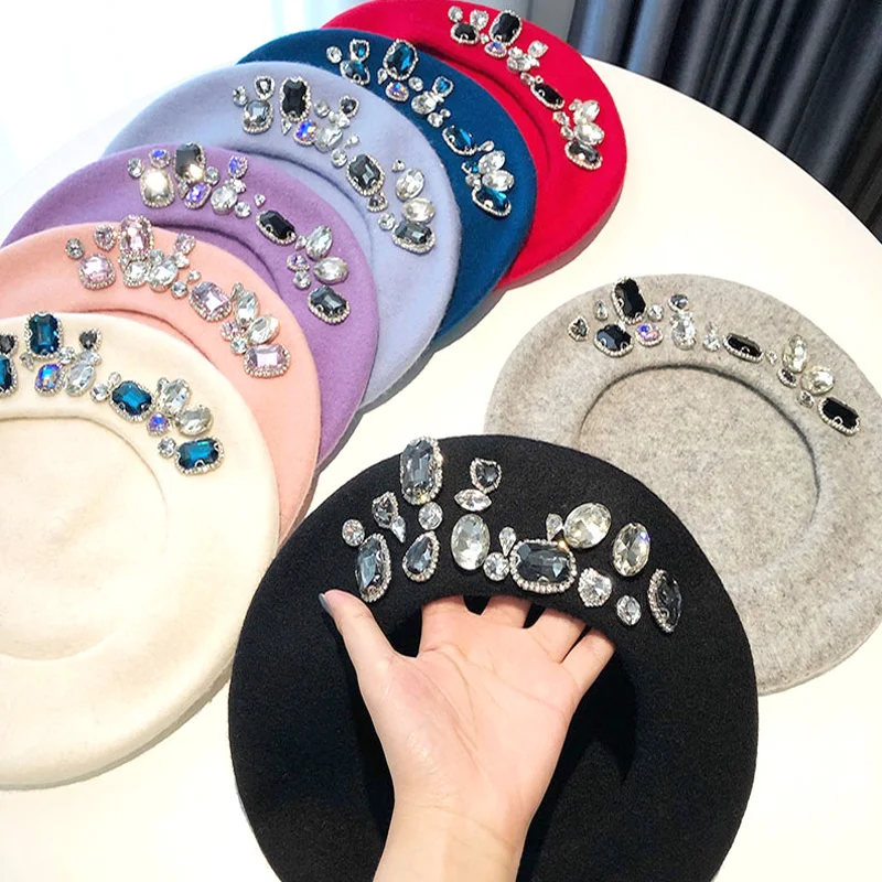 Hot Sale Beret Lady Thick Rhinestone Brimless Thermal Decor Wool Artist French Style Painter Hat Women Headwear_vogarts.com