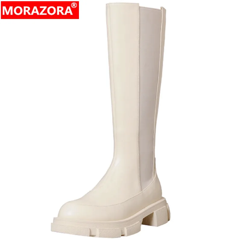 

Женские сапоги на платформе MORAZORA, черные сапоги до колена из натуральной кожи, на квадратном среднем каблуке, на молнии, весна 2022