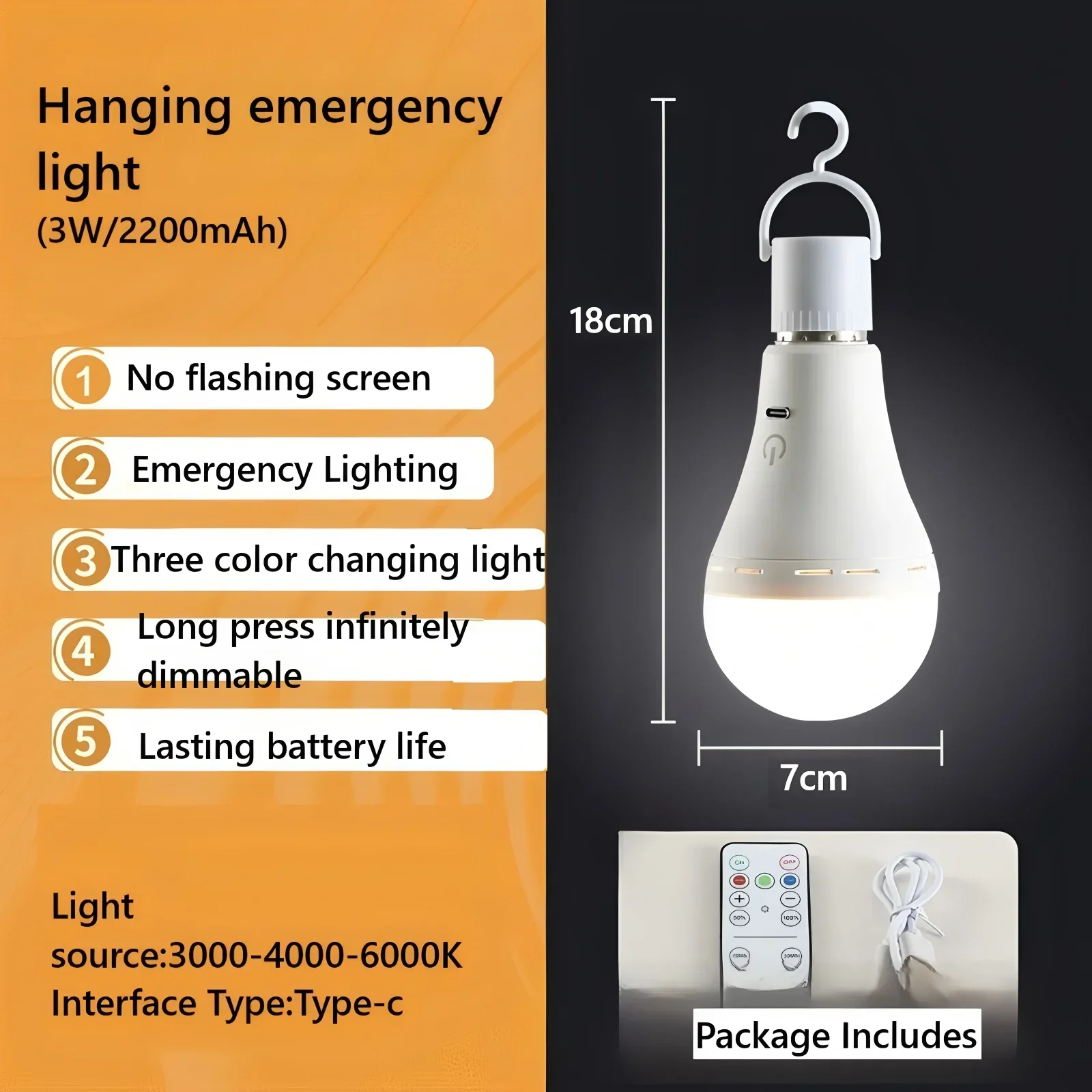 Portable E27 Light Bulb Rechargeable Light Bulb Dimmable 3 Color USB Emergency Light Camping Equipment LED Light Bulb