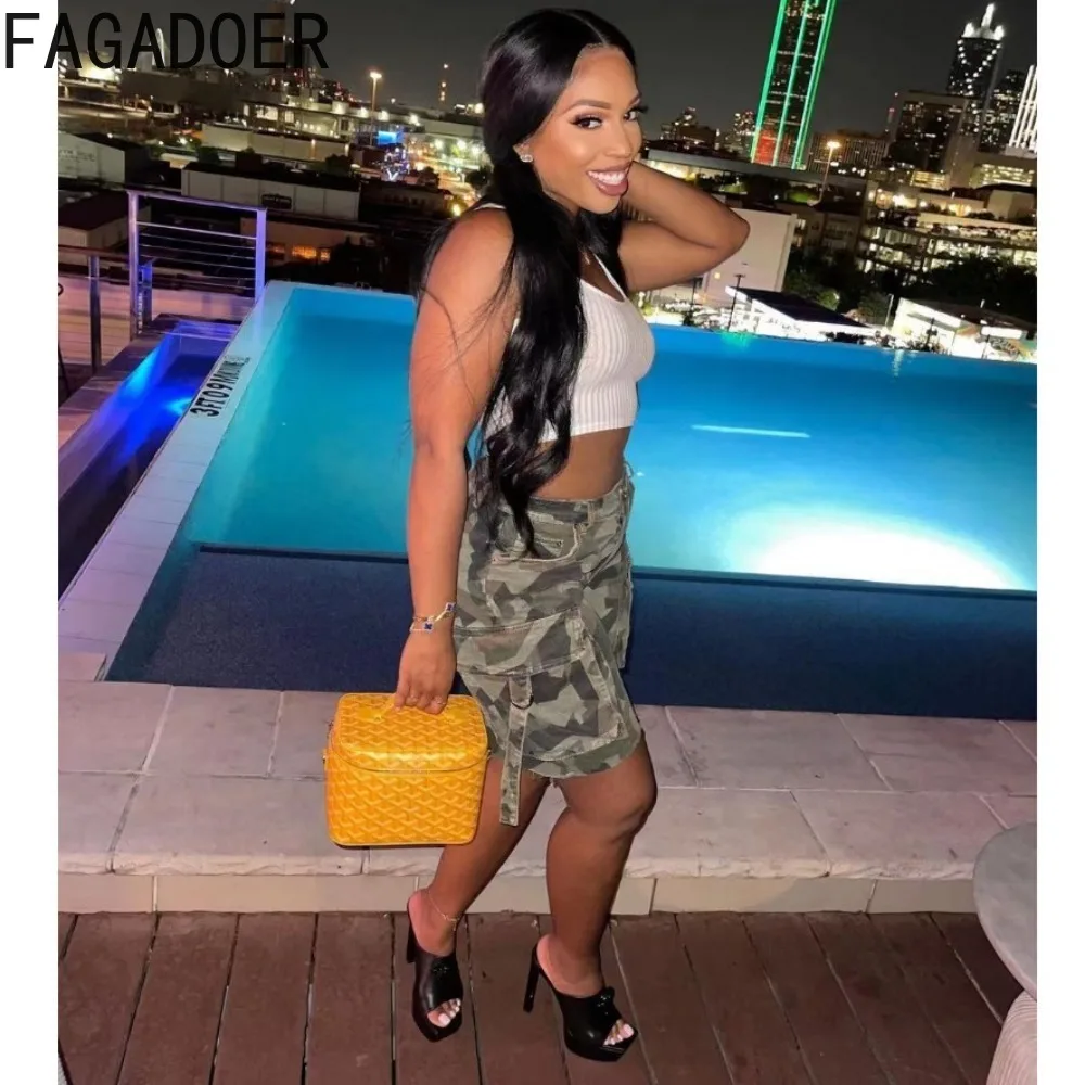 FAGADOER Summer Camouflage Printing Pocket Cargo Shorts Women High Waisted Button Straight Shorts Casual Female Sporty Bottoms