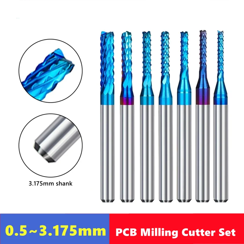 10pcs 0.5-3.175mm 하드 텅스텐 강철 엔드 밀 3.175mm 생크 블루 코팅 CNC 라우터 비트 조각 가장자리 밀링 커터 엔..