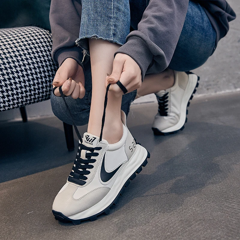 Genuine Leather Spring 2023 New Explosive Color-block Breathable Women's Shoes Platform Soft Sol Athleisure Dad Shoes