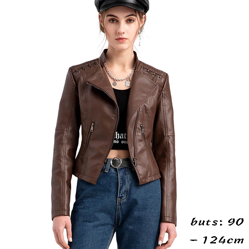 high quality short leather jacket for women long sleeve big size slim motorcycle jacket new 2023 autumn clothing black brown