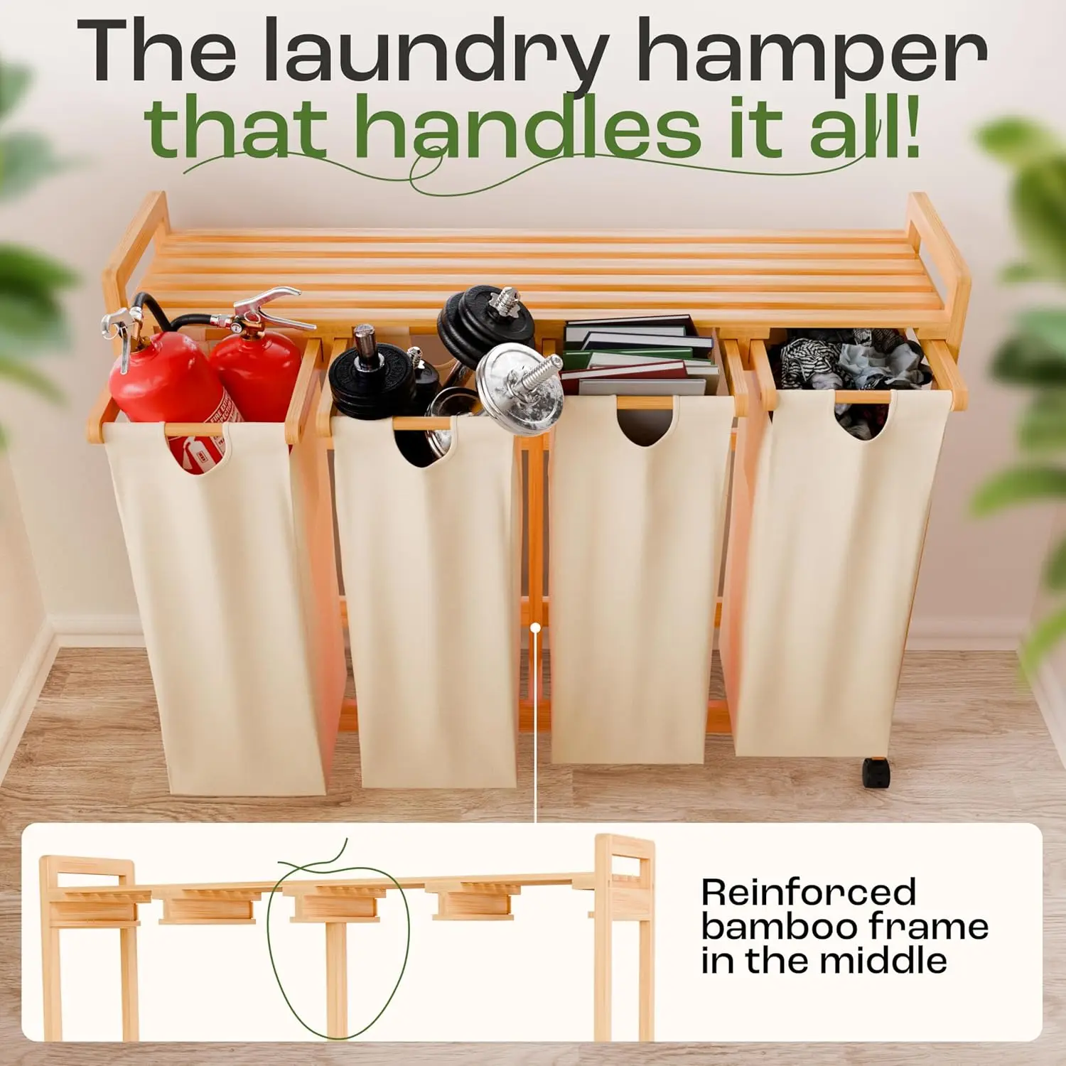 Laundry Sorter with 4 Sections beige, Hamper with Removable Cotton Bags & Wheels – Perfect Laundry Organizer - Eco