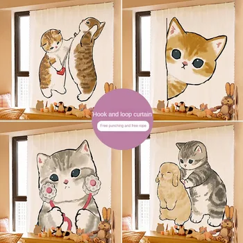 Cartone animato simpatico gatto tenda adesiva tenda divisoria cucina camera da letto bagno foro schermatura antipolvere gratuita decorazione della casa 1