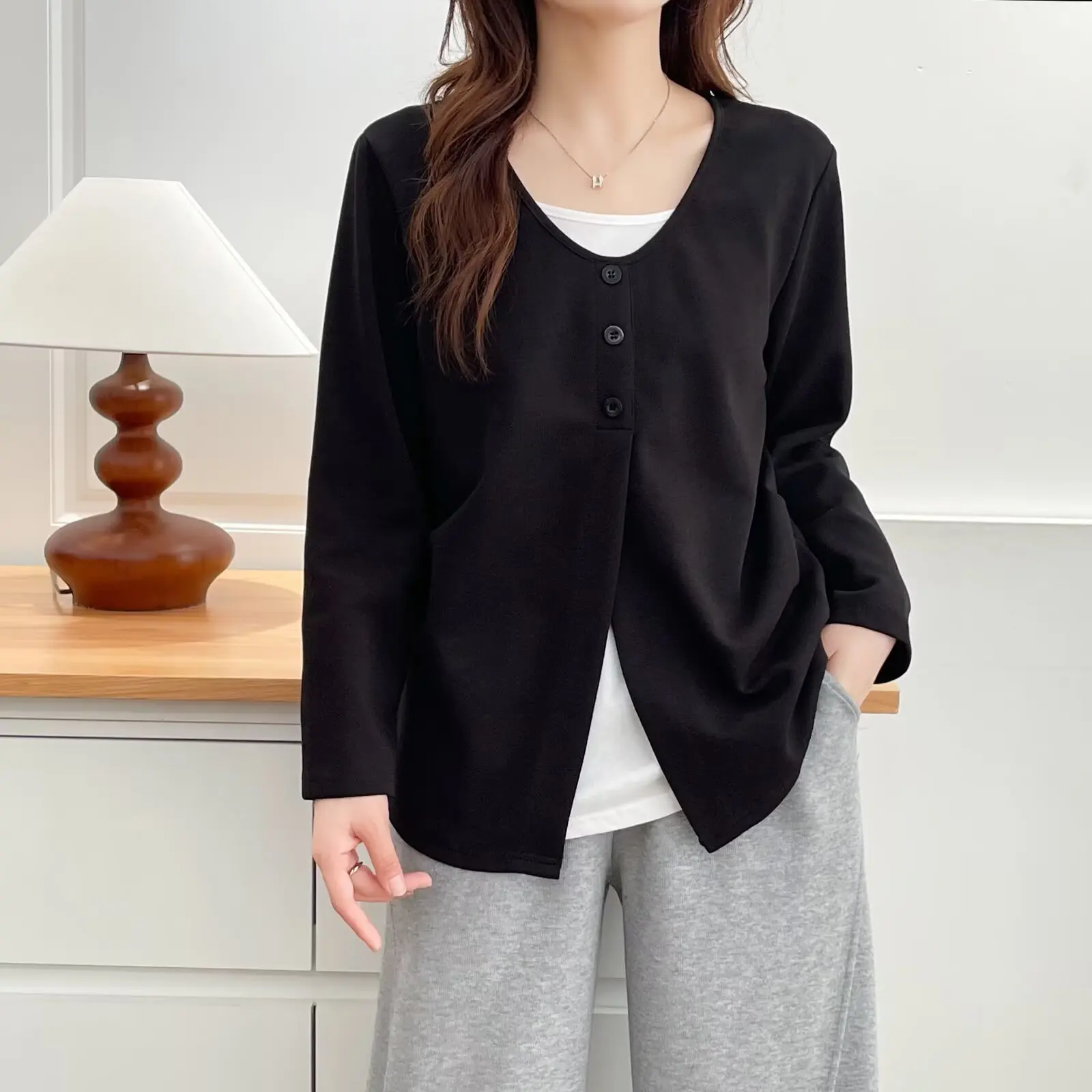 XXXXL Fashion Plus Size Women's T-Shirt Autumn Fake Two Pieces Stylish Long Sleeved Tops Casual 2516