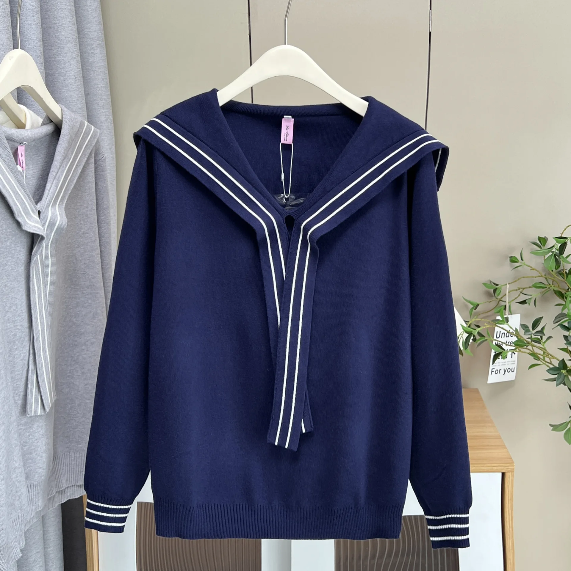 XXXXL Fashion Plus Size Women's Sweaters New Autumn Style Of Youthful Ribbon Sailor Collar Knitted Jumpers 5196