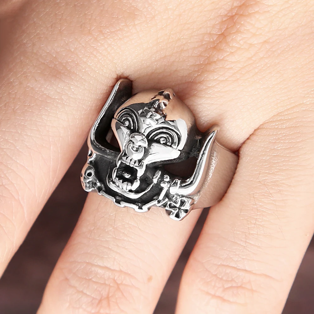 Men's Gothic Skull Ring Stainless Steel - Vintage Carved Skeleton Rock Hip Hop Jewelry - View #3
