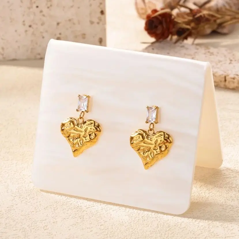 Heart Stud Earrings for Women Girls Cubic Zirconia Gold Color Stainless Steel